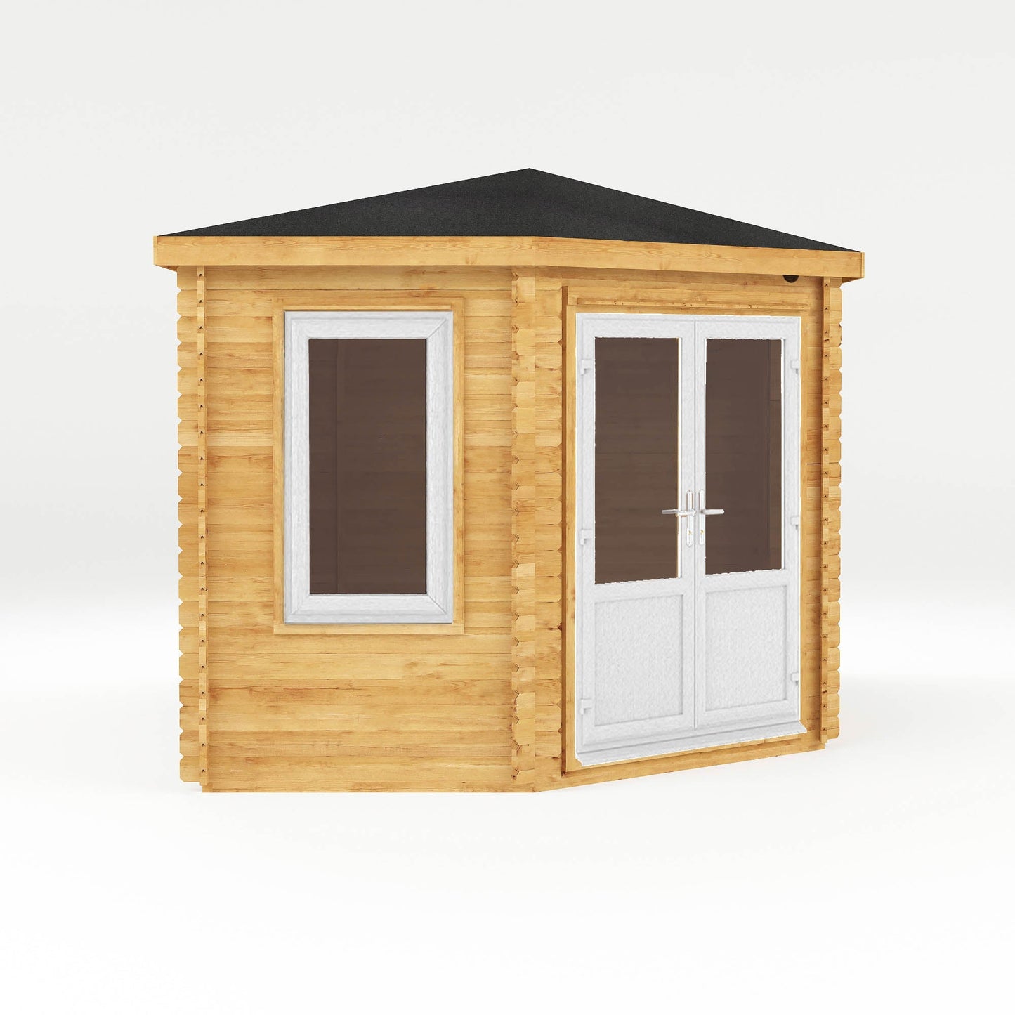 Mercia Corner 10' 4" x 16' 8" Hip Log Cabin Shed - Premium 44mm Cladding Loglap - White UPVC