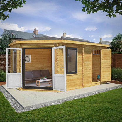 Mercia Corner 10' 4" x 16' 8" Hip Log Cabin Shed - Premium 44mm Cladding Loglap - Grey UPVC