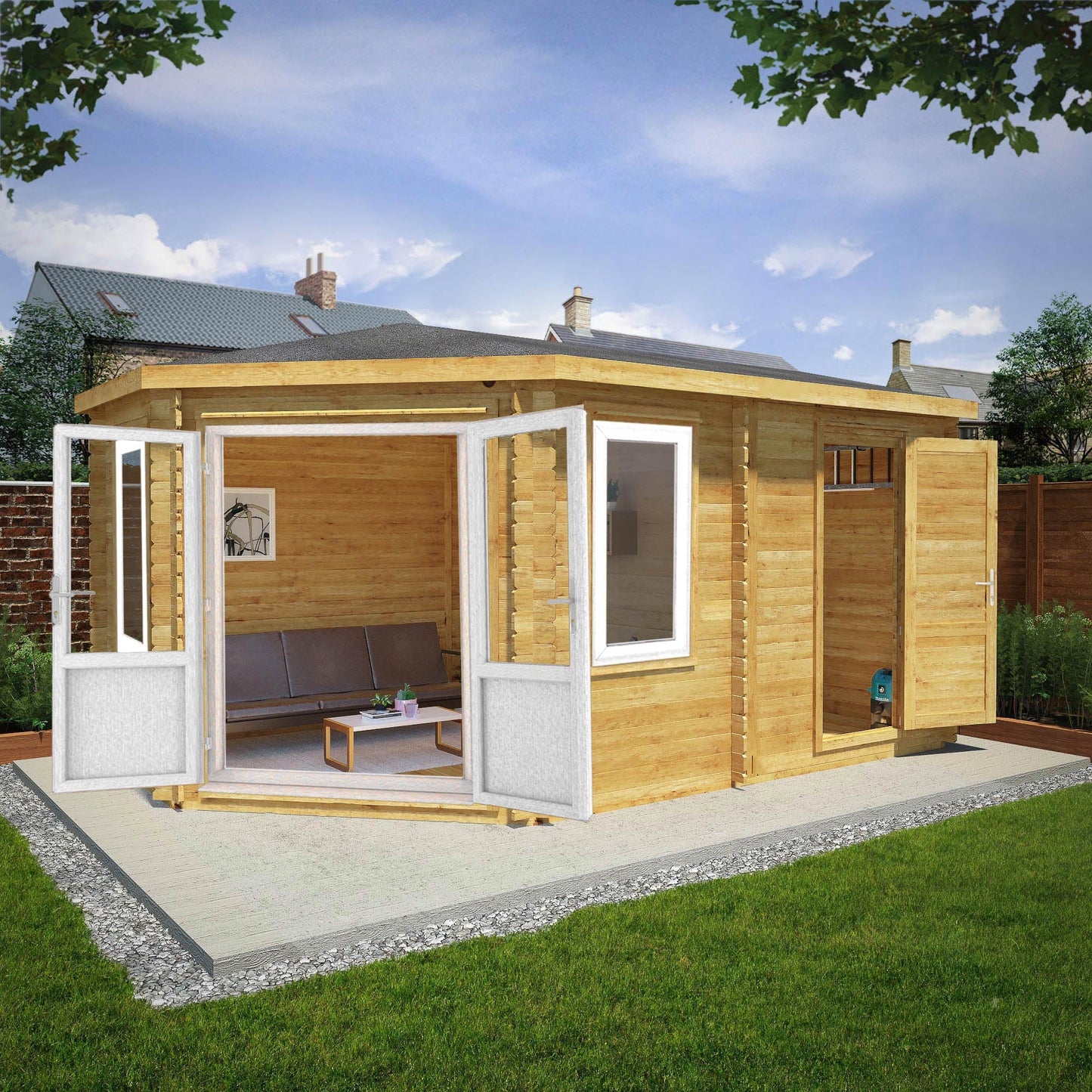 Mercia Corner 10' 4" x 16' 8" Hip Log Cabin Shed - Premium 44mm Cladding Loglap - White UPVC