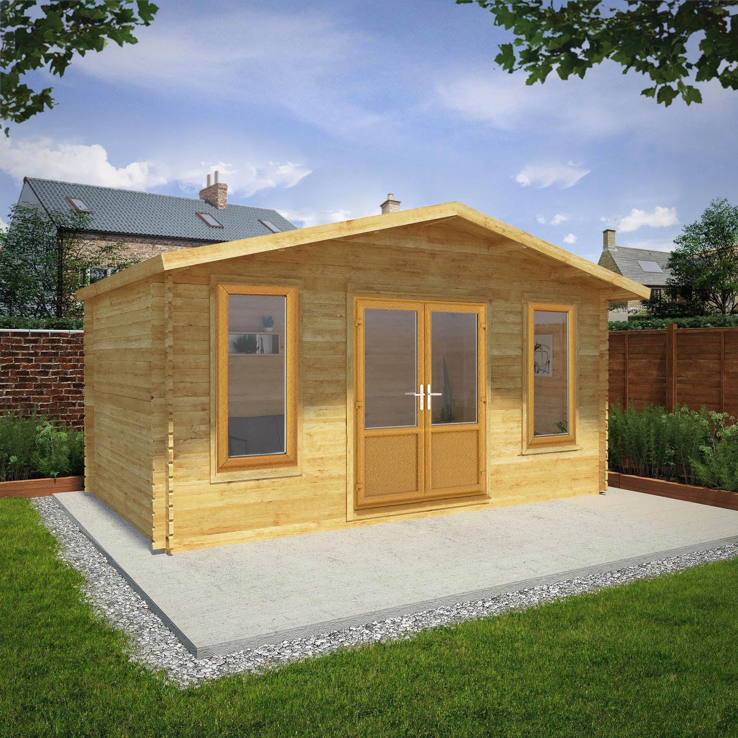 Mercia Retreat 11' 3" x 16' 10" Apex Log Cabin - Premium 44mm Cladding Loglap - Brown UPVC