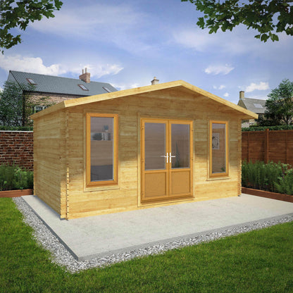 Mercia Retreat 11' 3" x 16' 10" Apex Log Cabin - Premium 44mm Cladding Loglap - Brown UPVC