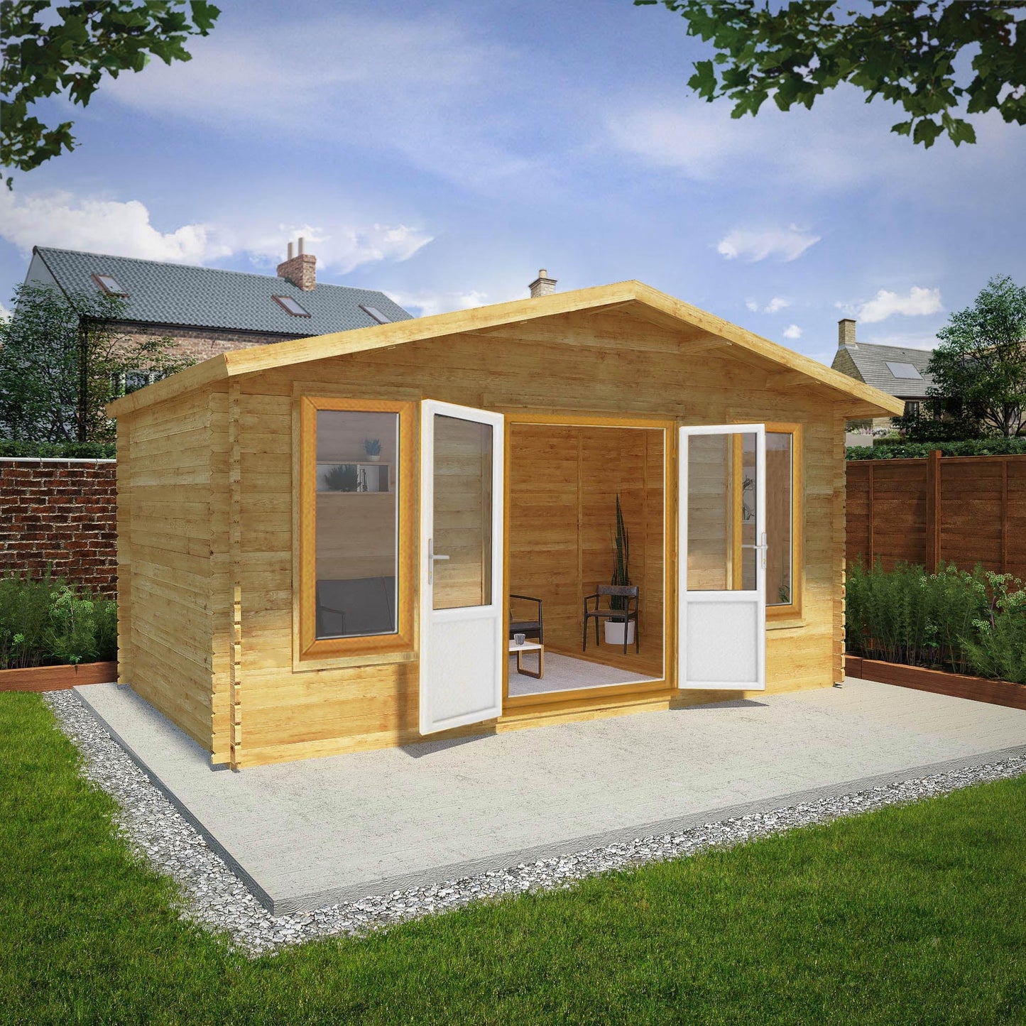 Mercia Retreat 11' 3" x 16' 10" Apex Log Cabin - Premium 44mm Cladding Loglap - Brown UPVC