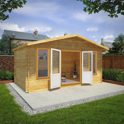 Mercia Retreat 11' 3" x 16' 10" Apex Log Cabin - Premium 44mm Cladding Loglap - Brown UPVC