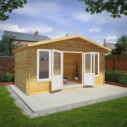 Mercia Retreat 11' 3" x 16' 10" Apex Log Cabin - Premium 44mm Cladding Loglap - White UPVC