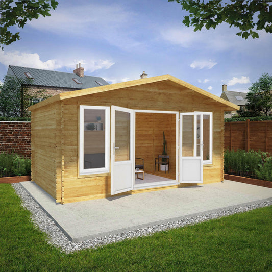 Mercia Retreat 11' 3" x 16' 10" Apex Log Cabin - Premium 44mm Cladding Loglap - White UPVC