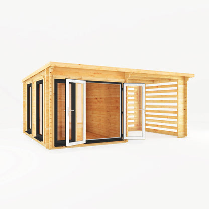 Mercia Studio 10' 11" x 19' 4" Pent Log Cabin Slatted - Premium 44mm Cladding Loglap - Grey UPVC