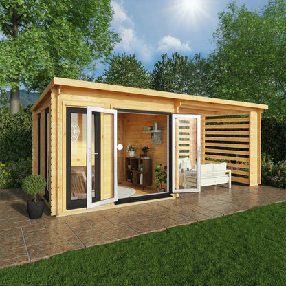 Mercia Studio 10' 11" x 19' 4" Pent Log Cabin Slatted - Premium 44mm Cladding Loglap - Grey UPVC