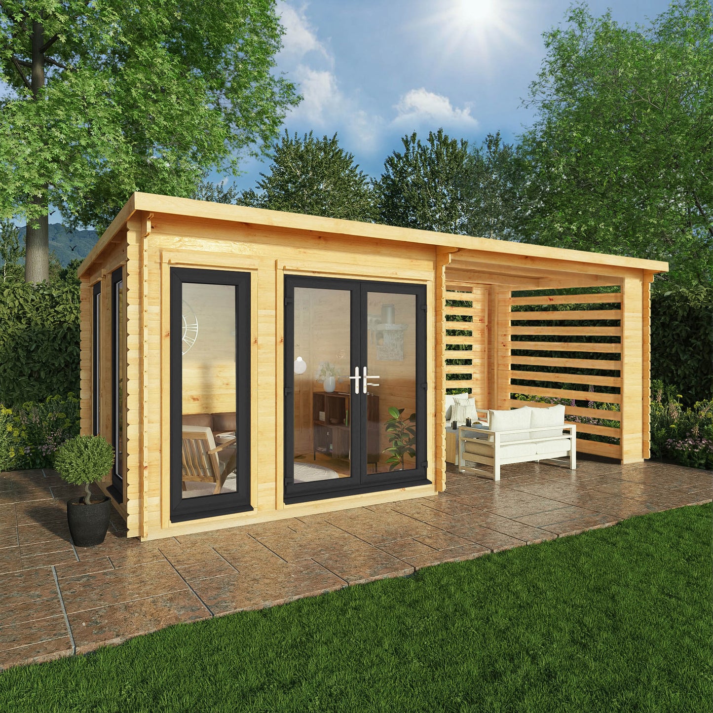 Mercia Studio 10' 11" x 19' 4" Pent Log Cabin Slatted - Premium 44mm Cladding Loglap - Grey UPVC