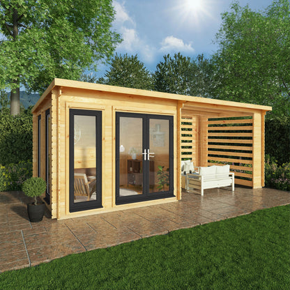 Mercia Studio 10' 11" x 19' 4" Pent Log Cabin Slatted - Premium 44mm Cladding Loglap - Grey UPVC