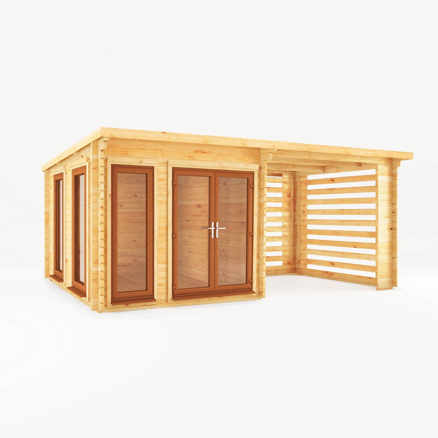 Mercia Studio 10' 11" x 19' 4" Pent Log Cabin Slatted - Premium 44mm Cladding Loglap - Brown UPVC