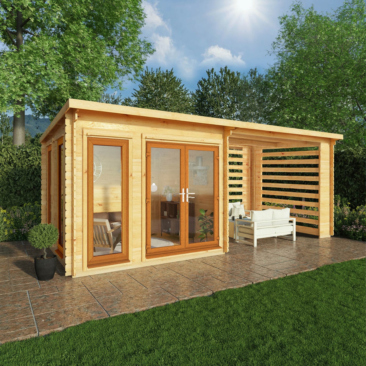 Mercia Studio 10' 11" x 19' 4" Pent Log Cabin Slatted - Premium 44mm Cladding Loglap - Brown UPVC