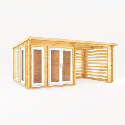 Mercia Studio 10' 11" x 19' 4" Pent Log Cabin Slatted - Premium 44mm Cladding Loglap - White UPVC