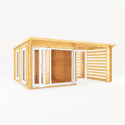 Mercia Studio 10' 11" x 19' 4" Pent Log Cabin Slatted - Premium 44mm Cladding Loglap - White UPVC