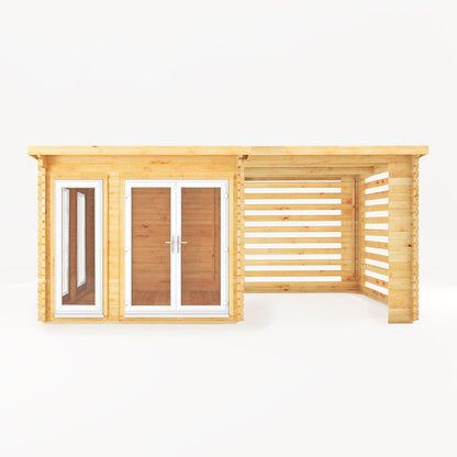 Mercia Studio 10' 11" x 19' 4" Pent Log Cabin Slatted - Premium 44mm Cladding Loglap - White UPVC