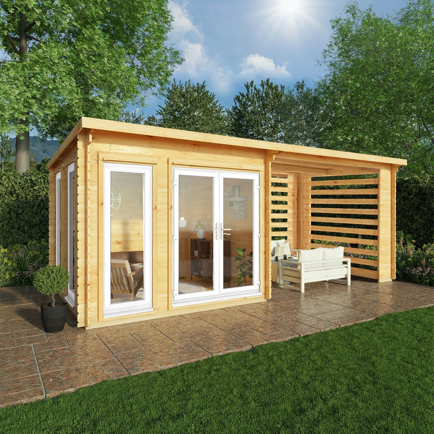 Mercia Studio 10' 11" x 19' 4" Pent Log Cabin Slatted - Premium 44mm Cladding Loglap - White UPVC