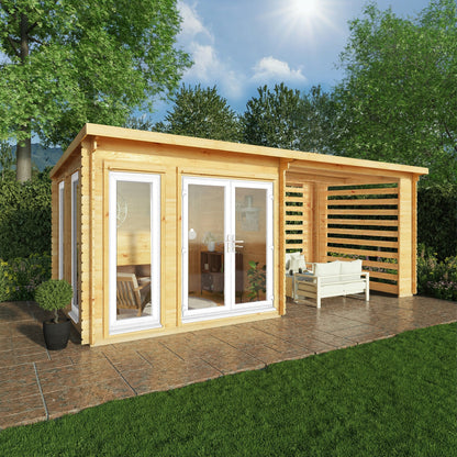 Mercia Studio 10' 11" x 19' 4" Pent Log Cabin Slatted - Premium 44mm Cladding Loglap - White UPVC