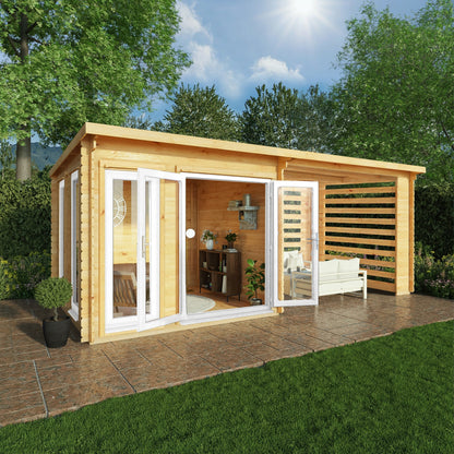 Mercia Studio 10' 11" x 19' 4" Pent Log Cabin Slatted - Premium 44mm Cladding Loglap - White UPVC