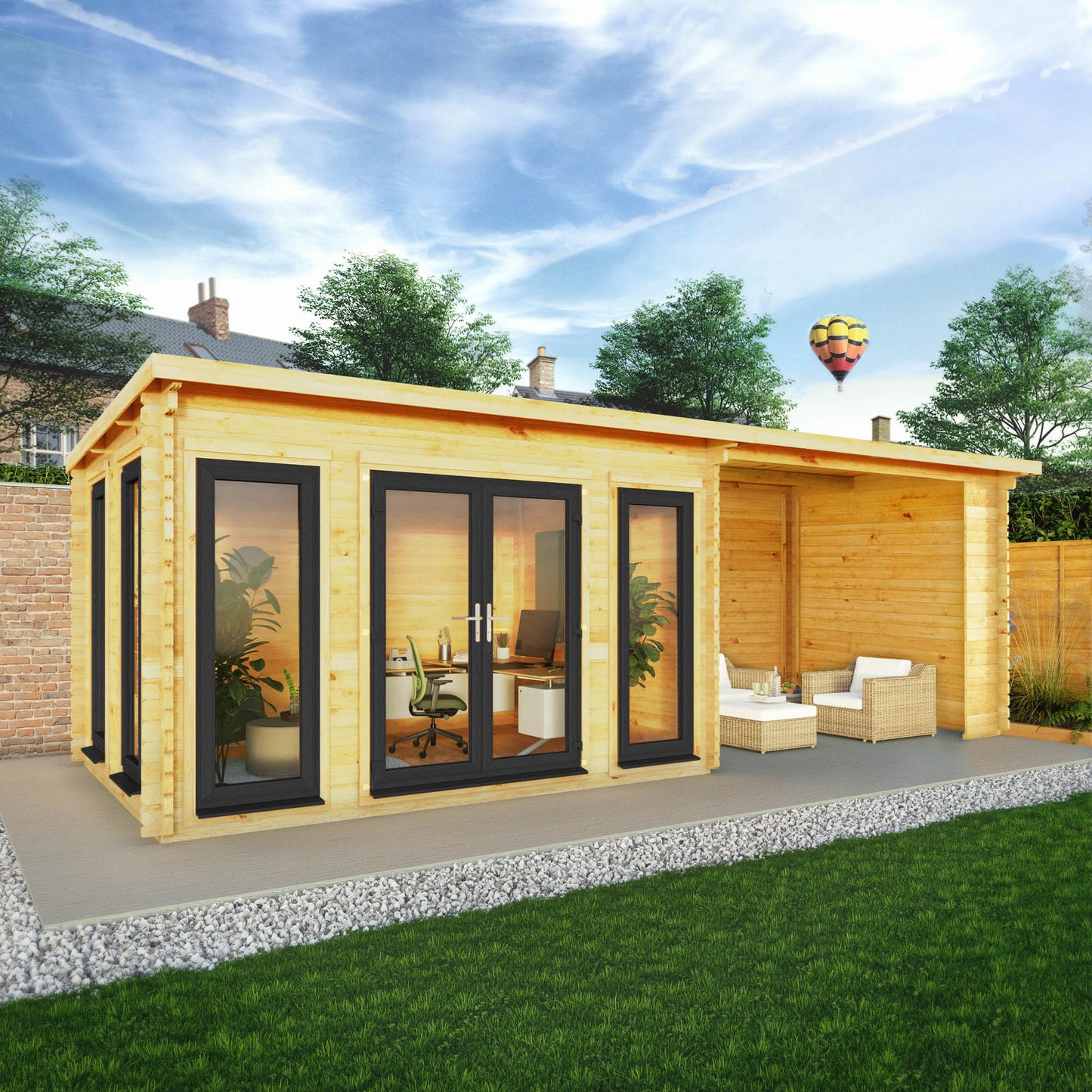Mercia Studio 10' 11" x 22' 8" Pent Log Cabin - Premium 44mm Cladding Loglap - Grey UPVC