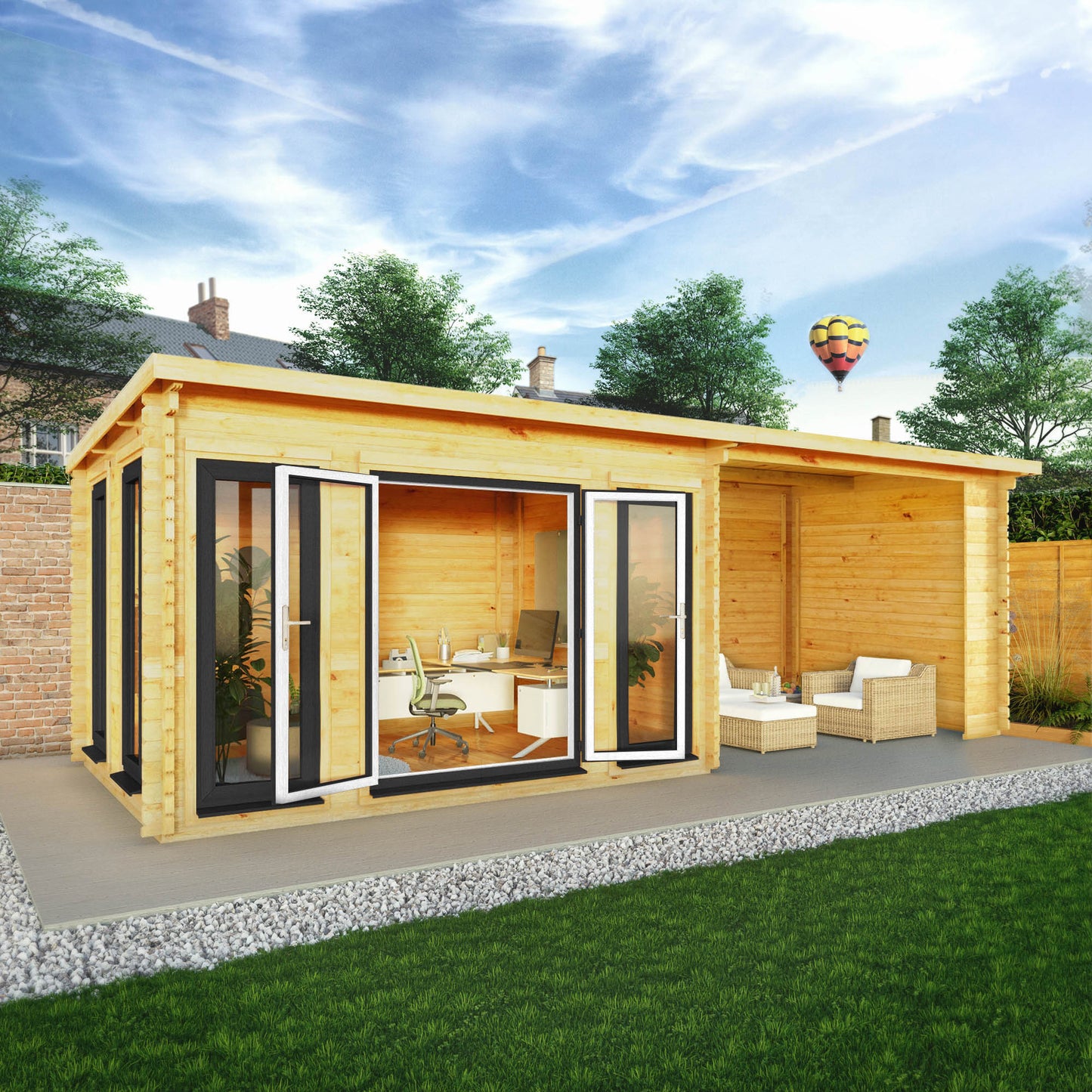 Mercia Studio 10' 11" x 22' 8" Pent Log Cabin - Premium 44mm Cladding Loglap - Grey UPVC