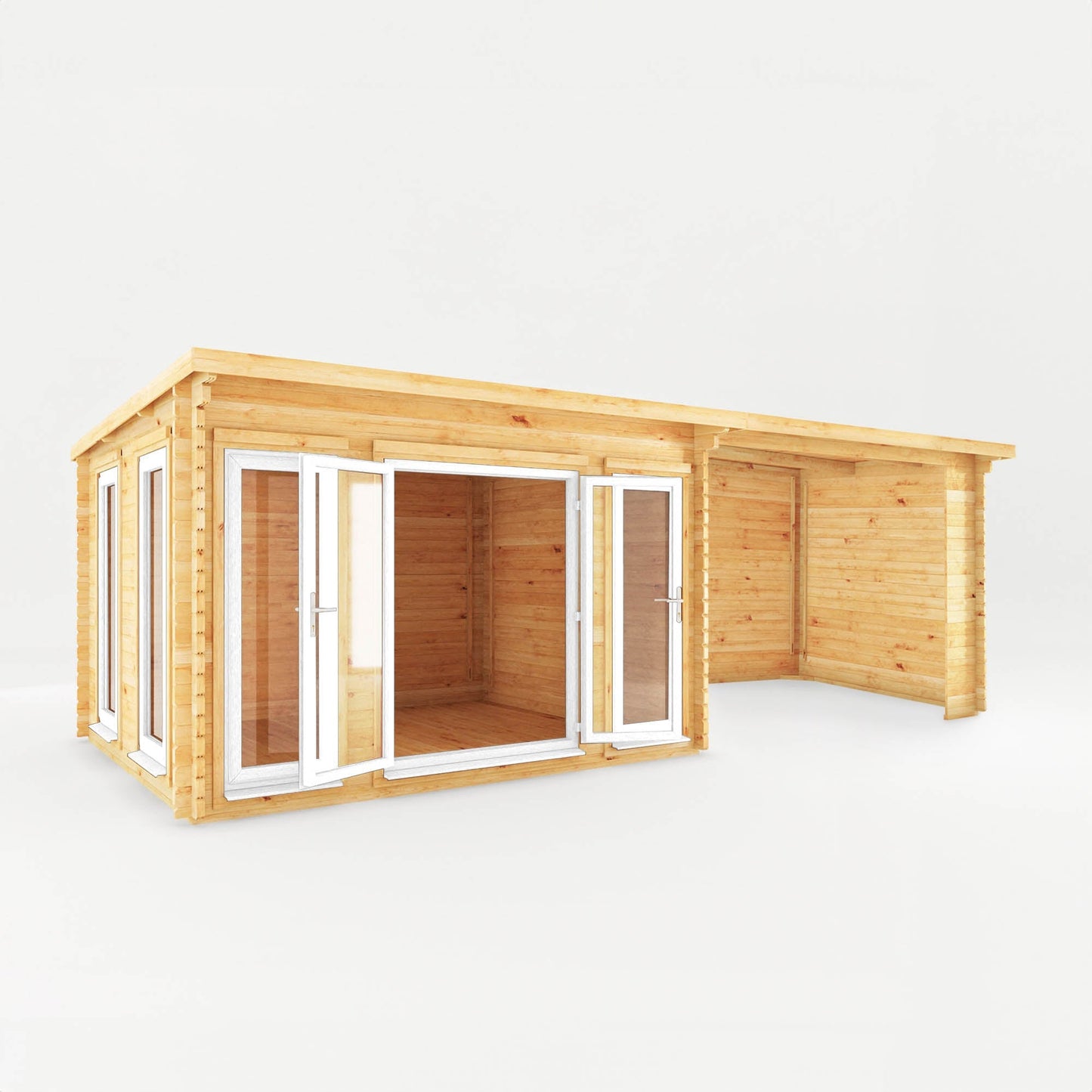 Mercia Studio 10' 11" x 22' 8" Pent Log Cabin - Premium 44mm Cladding Loglap - White UPVC