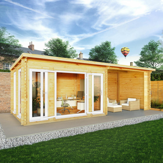 Mercia Studio 10' 11" x 22' 8" Pent Log Cabin - Premium 44mm Cladding Loglap - White UPVC