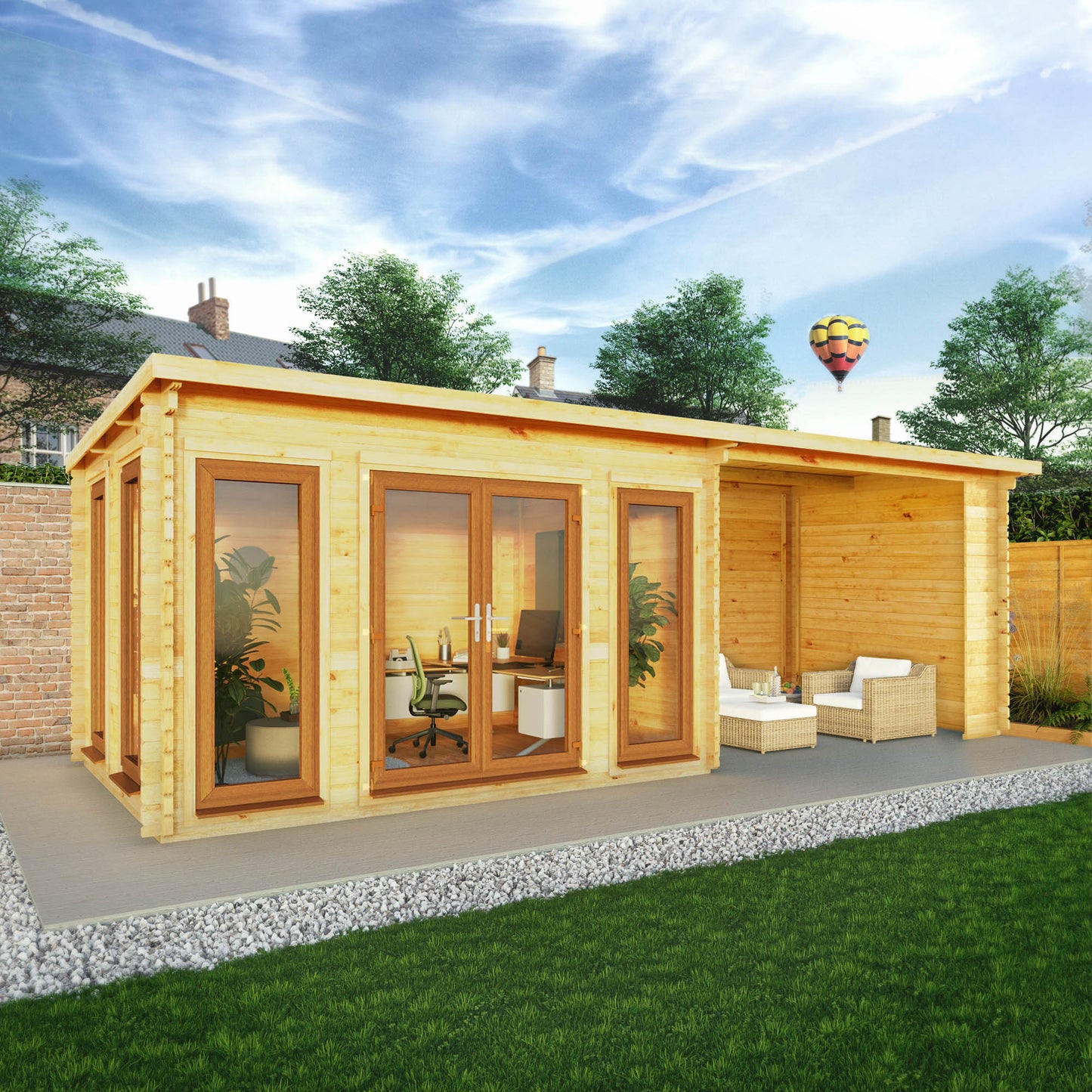 Mercia Studio 10' 11" x 22' 8" Pent Log Cabin - Premium 44mm Cladding Loglap - Brown UPVC