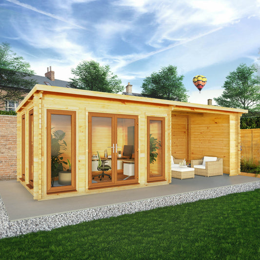 Mercia Studio 10' 11" x 22' 8" Pent Log Cabin - Premium 44mm Cladding Loglap - Brown UPVC
