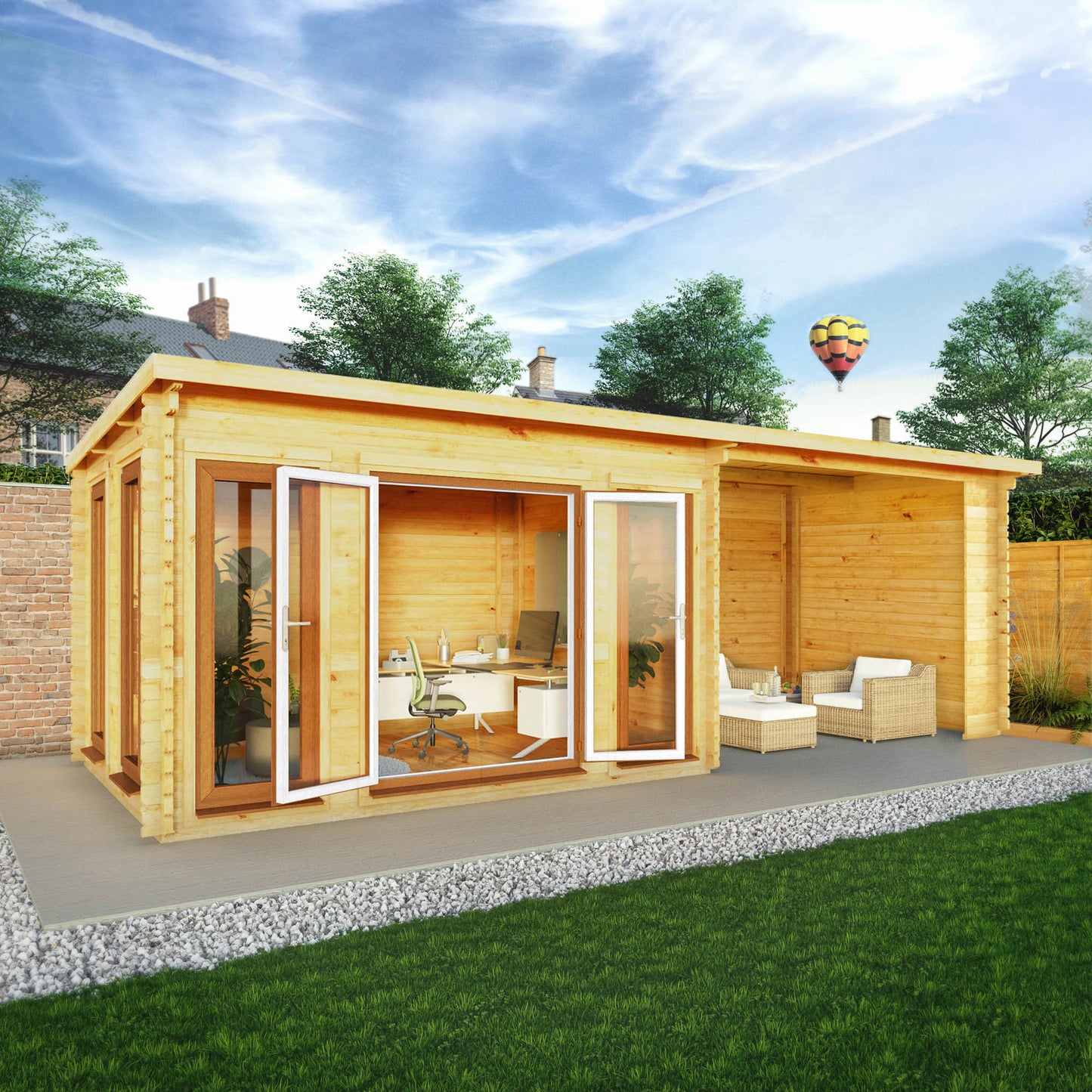 Mercia Studio 10' 11" x 22' 8" Pent Log Cabin - Premium 44mm Cladding Loglap - Brown UPVC