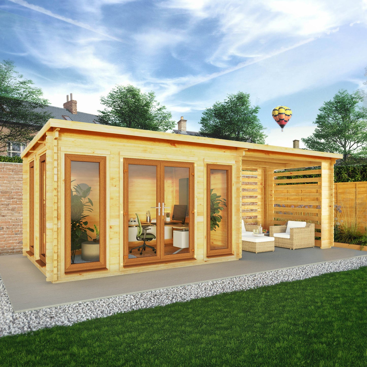 Mercia Studio 10' 11" x 22' 8" Pent Log Cabin Slatted - Premium 44mm Cladding Loglap - Brown UPVC