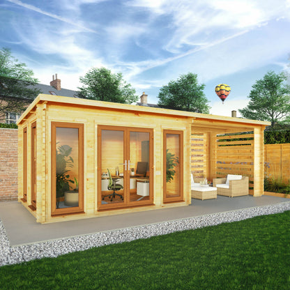 Mercia Studio 10' 11" x 22' 8" Pent Log Cabin Slatted - Premium 44mm Cladding Loglap - Brown UPVC