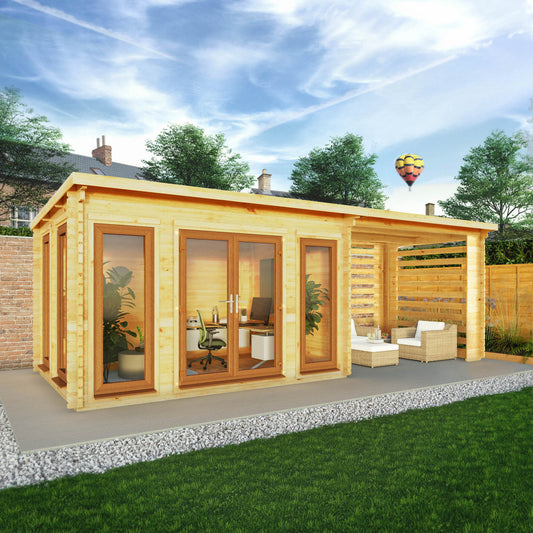 Mercia Studio 10' 11" x 22' 8" Pent Log Cabin Slatted - Premium 44mm Cladding Loglap - Brown UPVC