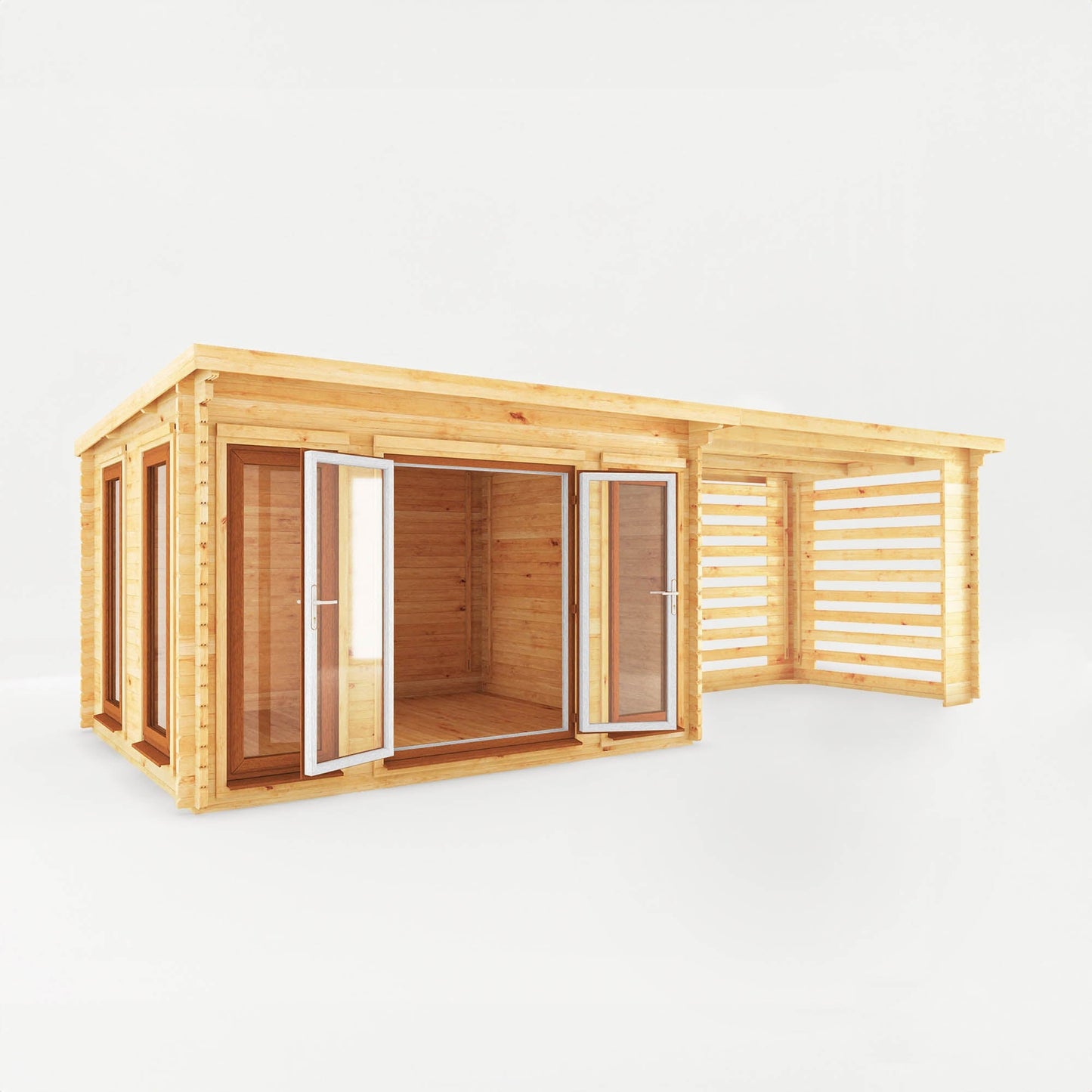 Mercia Studio 10' 11" x 22' 8" Pent Log Cabin Slatted - Premium 44mm Cladding Loglap - Brown UPVC