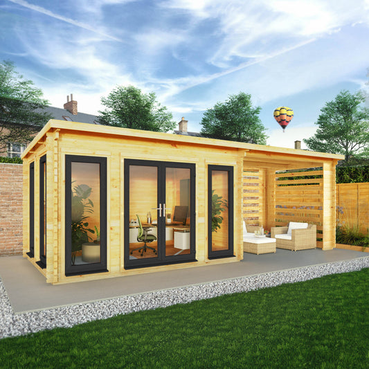 Mercia Studio 10' 11" x 22' 8" Pent Log Cabin Slatted - Premium 44mm Cladding Loglap - Grey UPVC