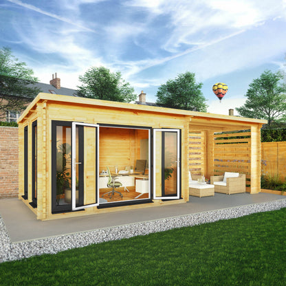 Mercia Studio 10' 11" x 22' 8" Pent Log Cabin Slatted - Premium 44mm Cladding Loglap - Grey UPVC