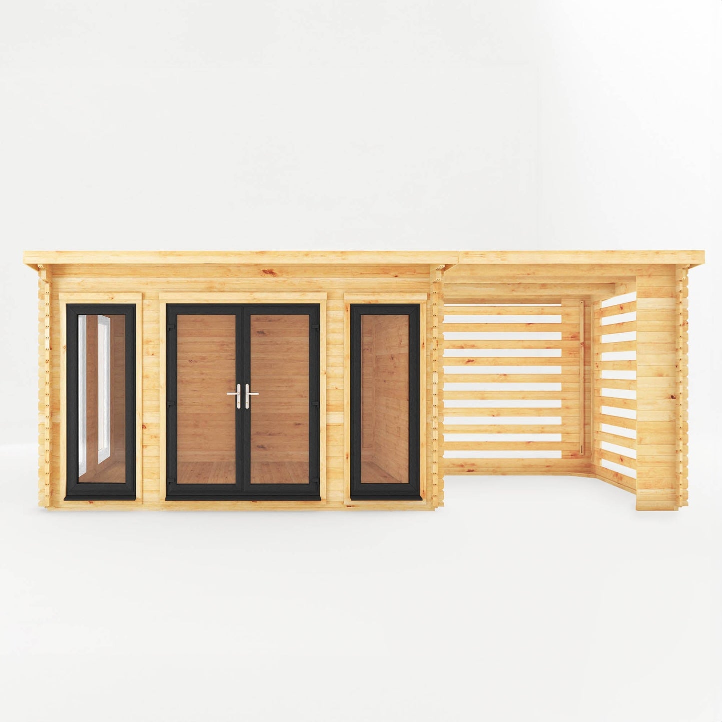 Mercia Studio 10' 11" x 22' 8" Pent Log Cabin Slatted - Premium 44mm Cladding Loglap - Grey UPVC