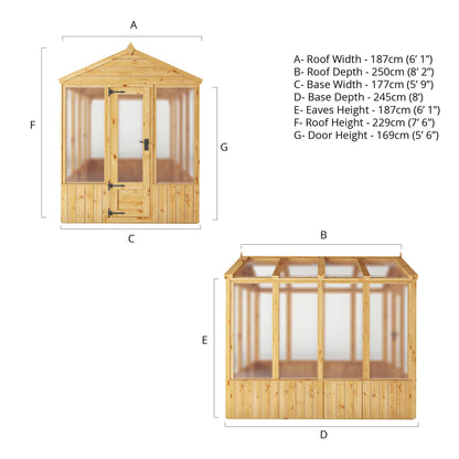 Mercia Woodsman 8' 2" x 6' 1" Apex Greenhouse - Premium Dip Treated Shiplap- Polycarbonate Windows