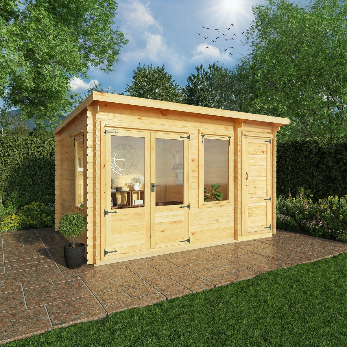 Mercia Contemporary 10' 11" x 13' 6" Pent Log Cabin - Premium 19mm Cladding Loglap