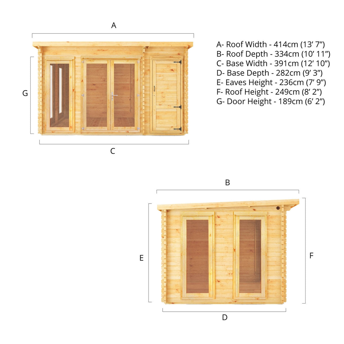 Mercia Studio 10' 11" x 13' 6" Pent Cabin with Shed - Premium 28mm Cladding Loglap