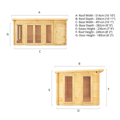 Mercia Studio 10' 11" x 16' 10" Pent Cabin with Shed - Premium 28mm Cladding Loglap