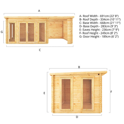 Mercia Studio 10' 11" x 22' 8" Pent Log Cabin - Premium 28mm Cladding Loglap