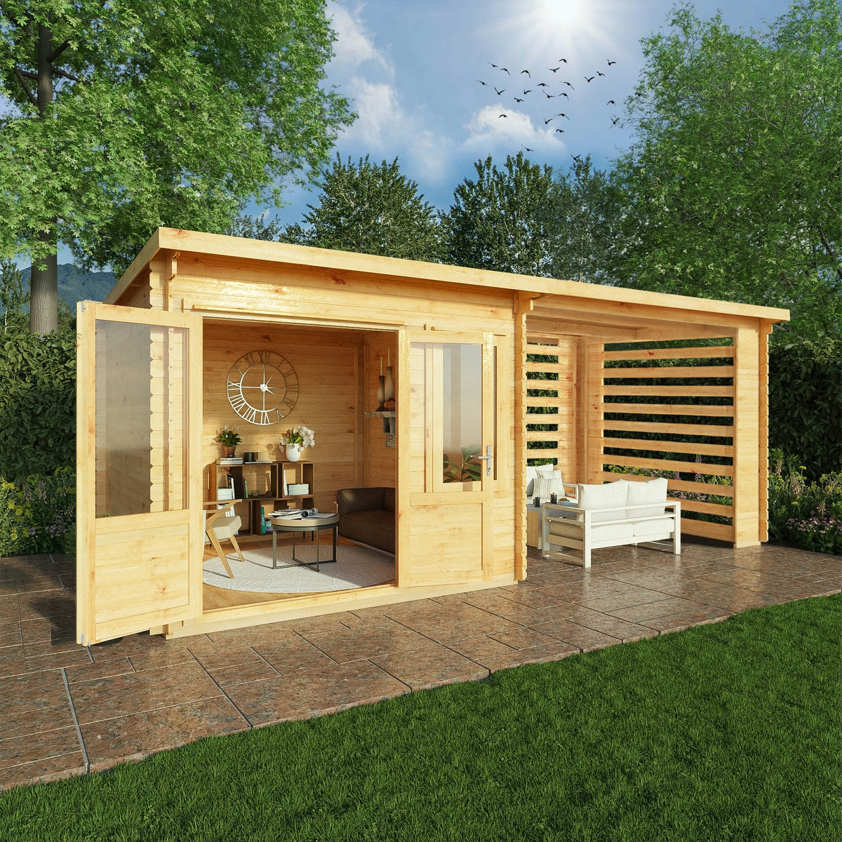 Mercia Elite 10' 11" x 19' 4" Pent Log Cabin Slatted - Premium 28mm Cladding Loglap