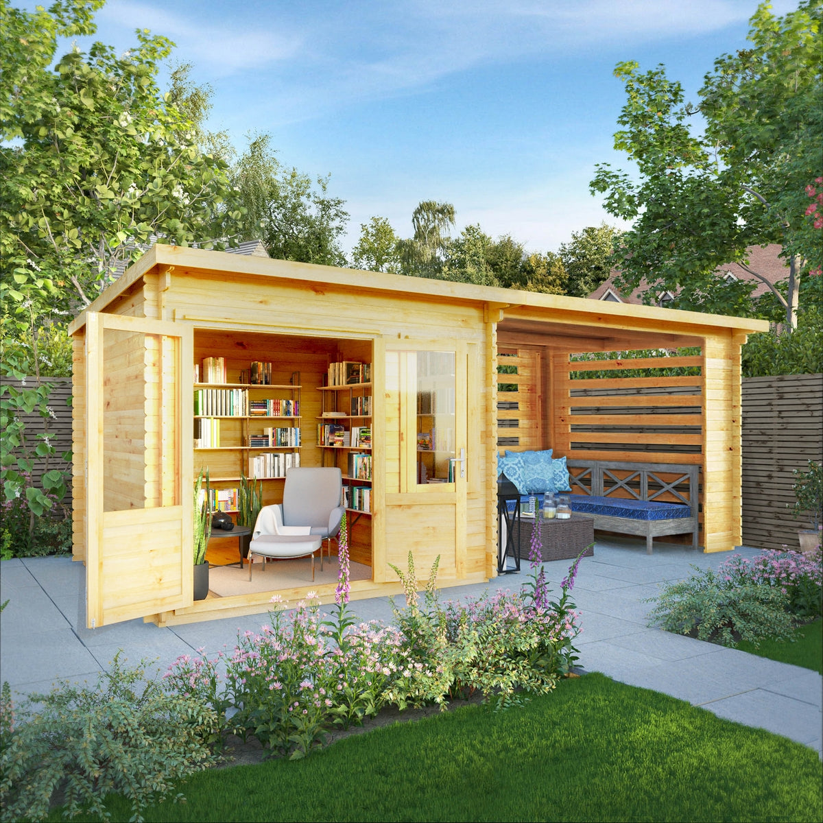 Mercia Elite 10' 11" x 19' 4" Pent Log Cabin Slatted - Premium 28mm Cladding Loglap