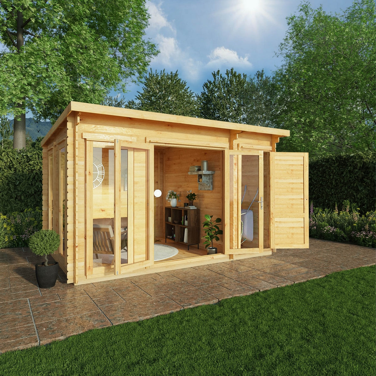 Mercia Studio 10' 11" x 13' 6" Pent Cabin with Shed - Premium 34mm Cladding Loglap
