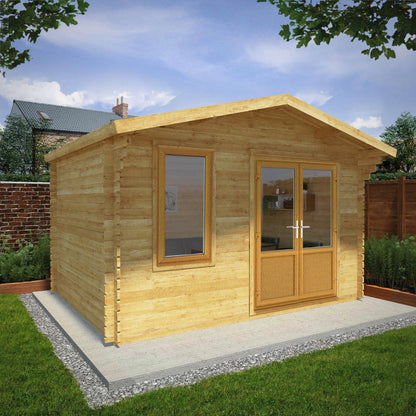 Mercia Retreat 11' 3" x 13' 6" Apex Log Cabin - Premium 44mm Cladding Loglap - Brown UPVC