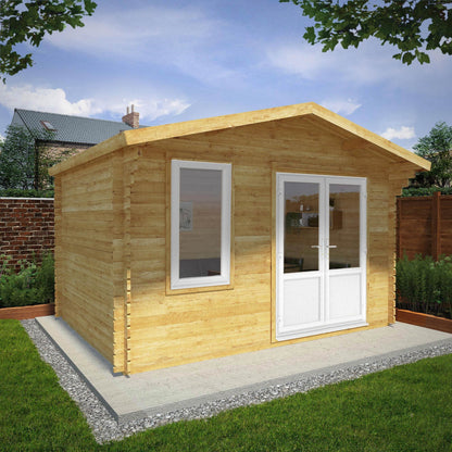 Mercia Retreat 11' 3" x 13' 6" Apex Log Cabin - Premium 44mm Cladding Loglap - White UPVC