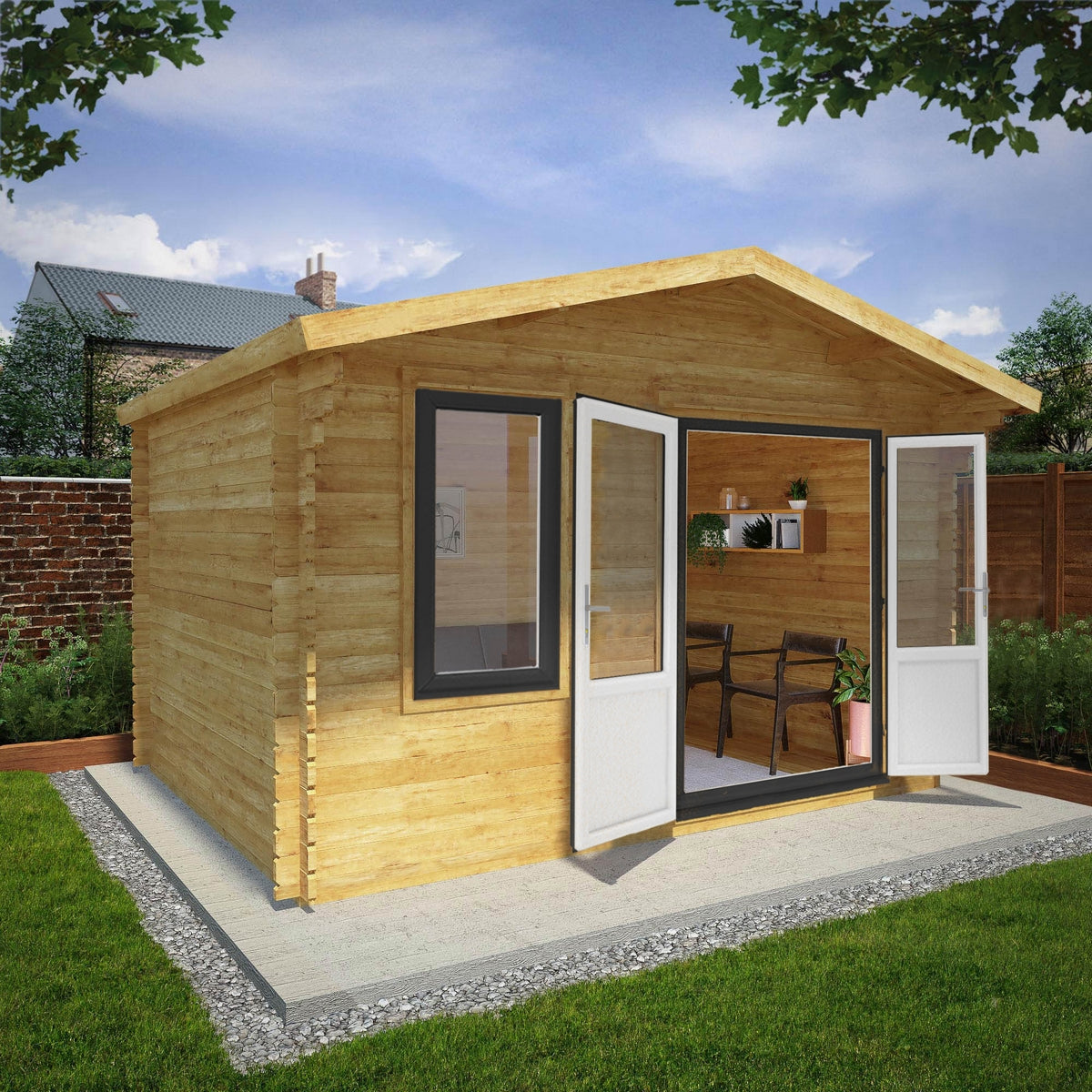 Mercia Retreat 11' 3" x 13' 6" Apex Log Cabin - Premium 44mm Cladding Loglap - Grey UPVC