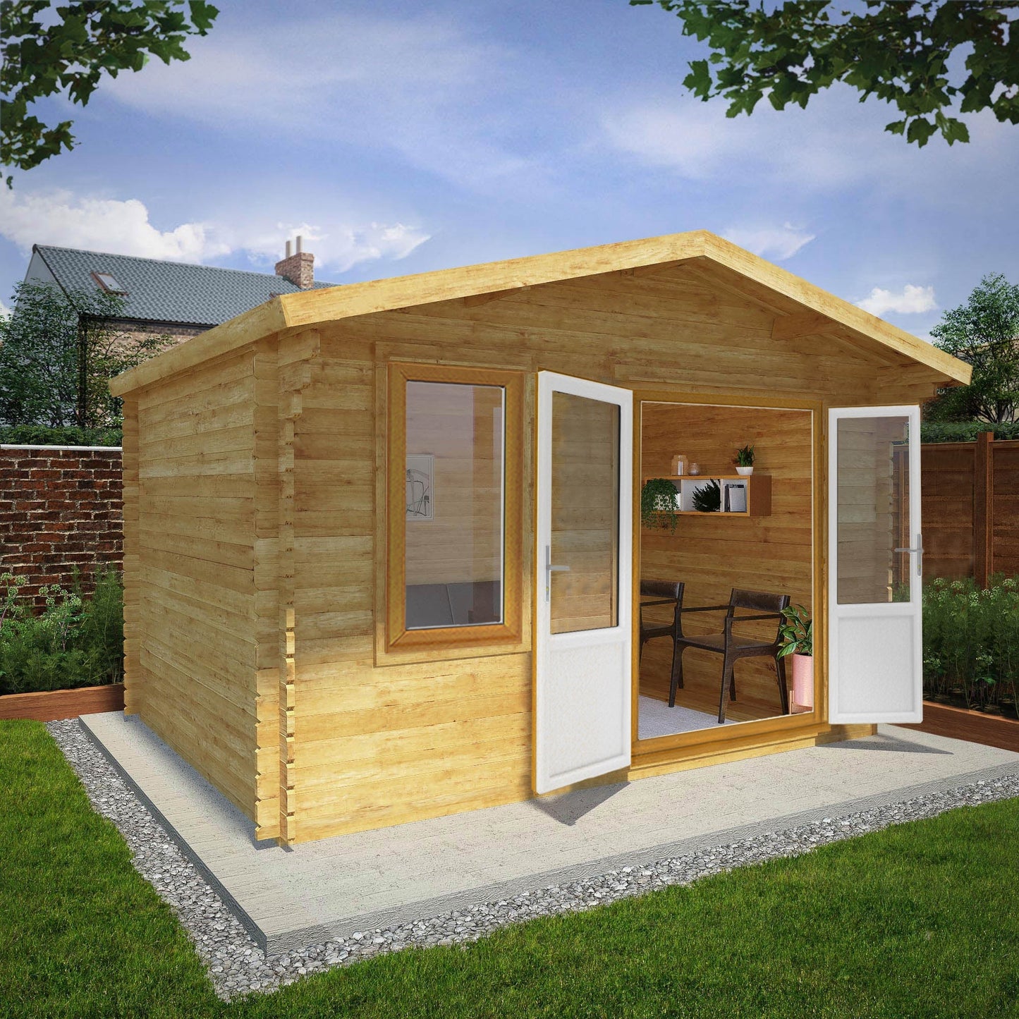 Mercia Retreat 11' 3" x 13' 6" Apex Log Cabin - Premium 44mm Cladding Loglap - Brown UPVC