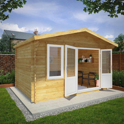 Mercia Retreat 11' 3" x 13' 6" Apex Log Cabin - Premium 44mm Cladding Loglap - White UPVC