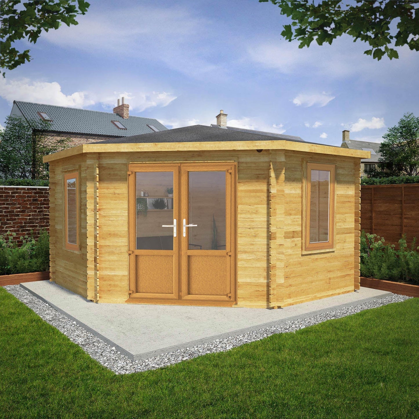Mercia Corner 13' 7" x 13' 5" Hip Log Cabin - Premium 44mm Cladding Loglap - Brown UPVC