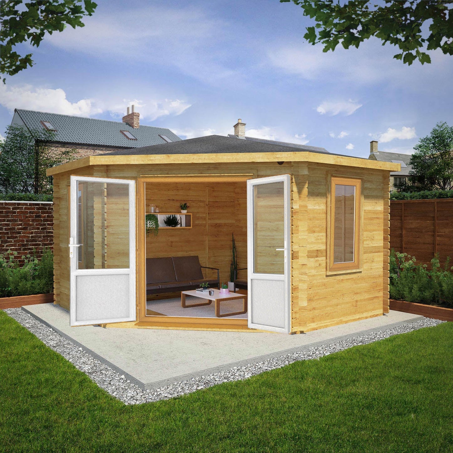 Mercia Corner 13' 7" x 13' 5" Hip Log Cabin - Premium 44mm Cladding Loglap - Brown UPVC